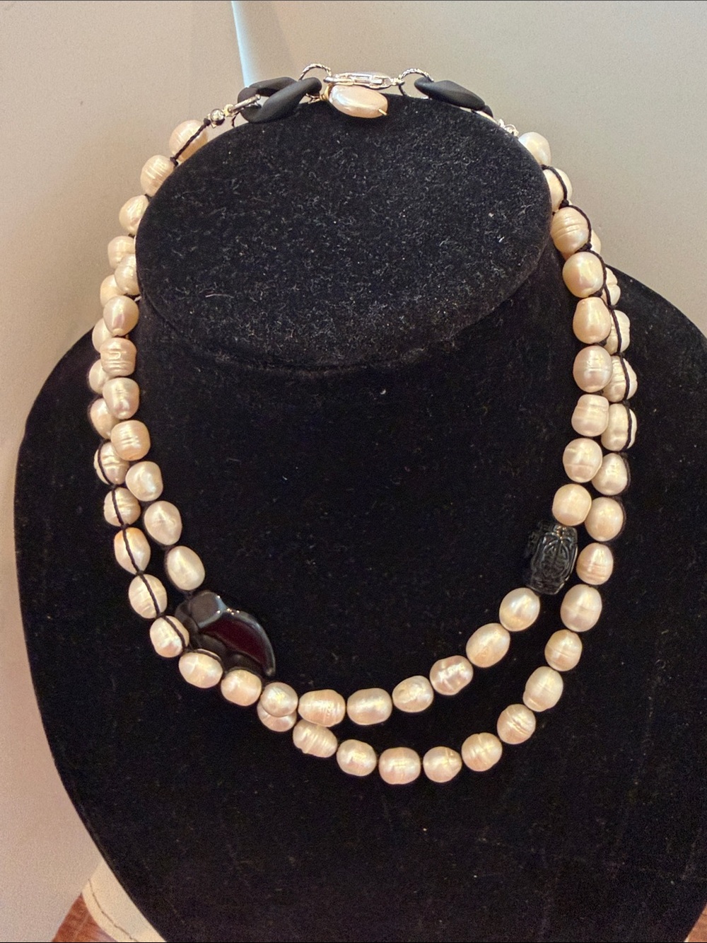 Freshwater Pearl Double-Strand Necklace with Black Accent Beads